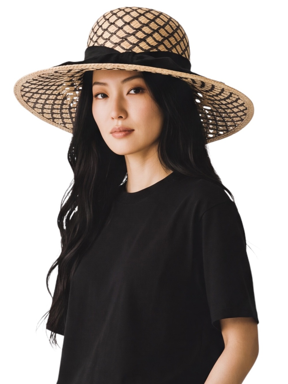 4/$20 Women’s Natural Fiber Woven Straw Sun Hat Black Bow Wide Brim